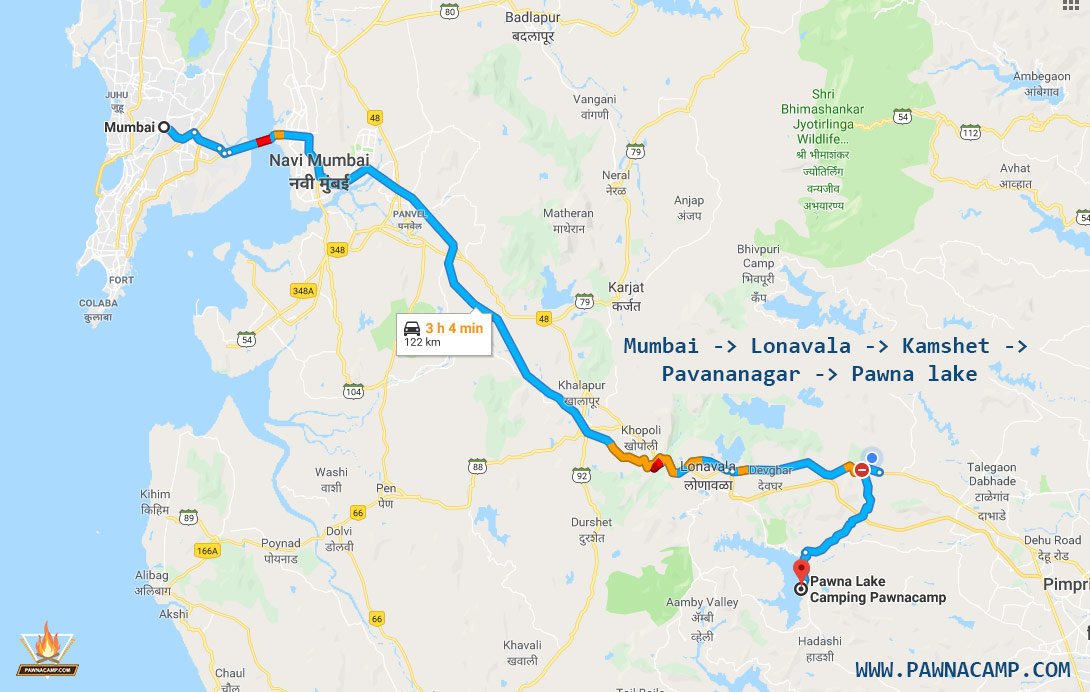 Route map from Mumbai to Pawna Lake camping via Lonavala and Kamshet, showing a 122 km journey and the final campsite location.