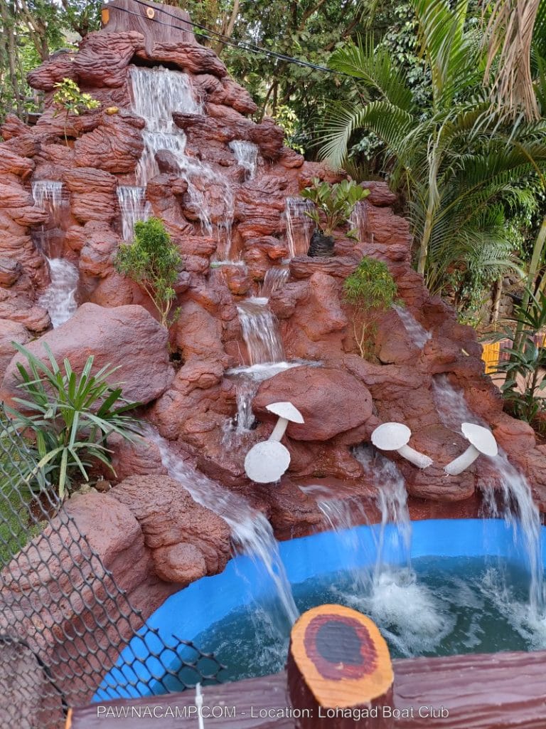 Artificial rock formation with multiple water streams cascading down into a blue basin surrounded by greenery.