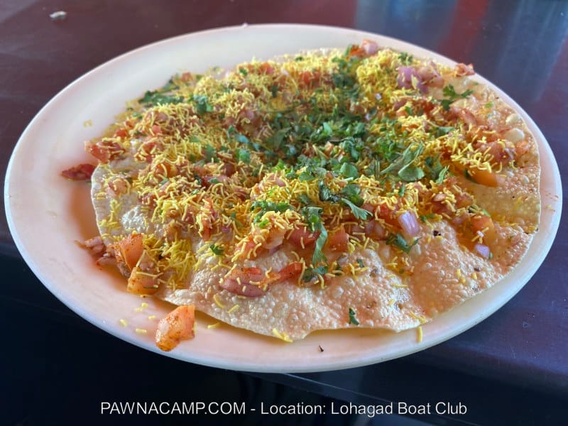 A plate of chaat topped with chopped tomatoes, onions, and garnished with sev and coriander.