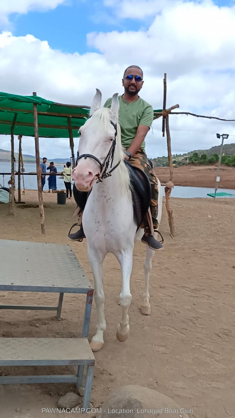 Individual wearing sunglasses and a green shirt riding a white horse at a lakeside location.